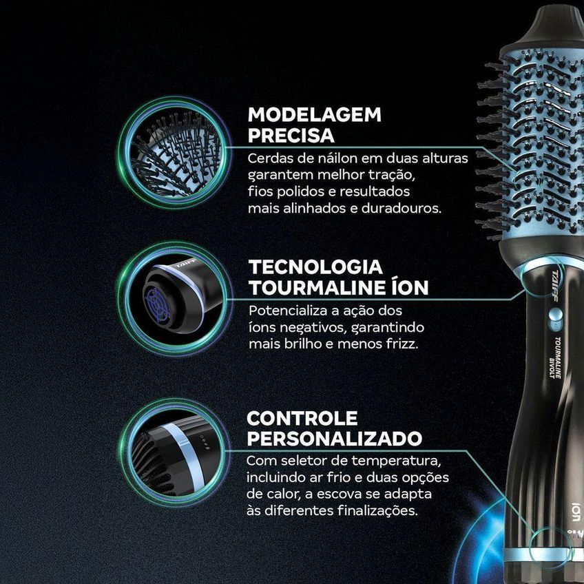 Escova Secadora Tourmaline Oval E Raquete 1200w Azul Taiff Bivolt - imagem 2