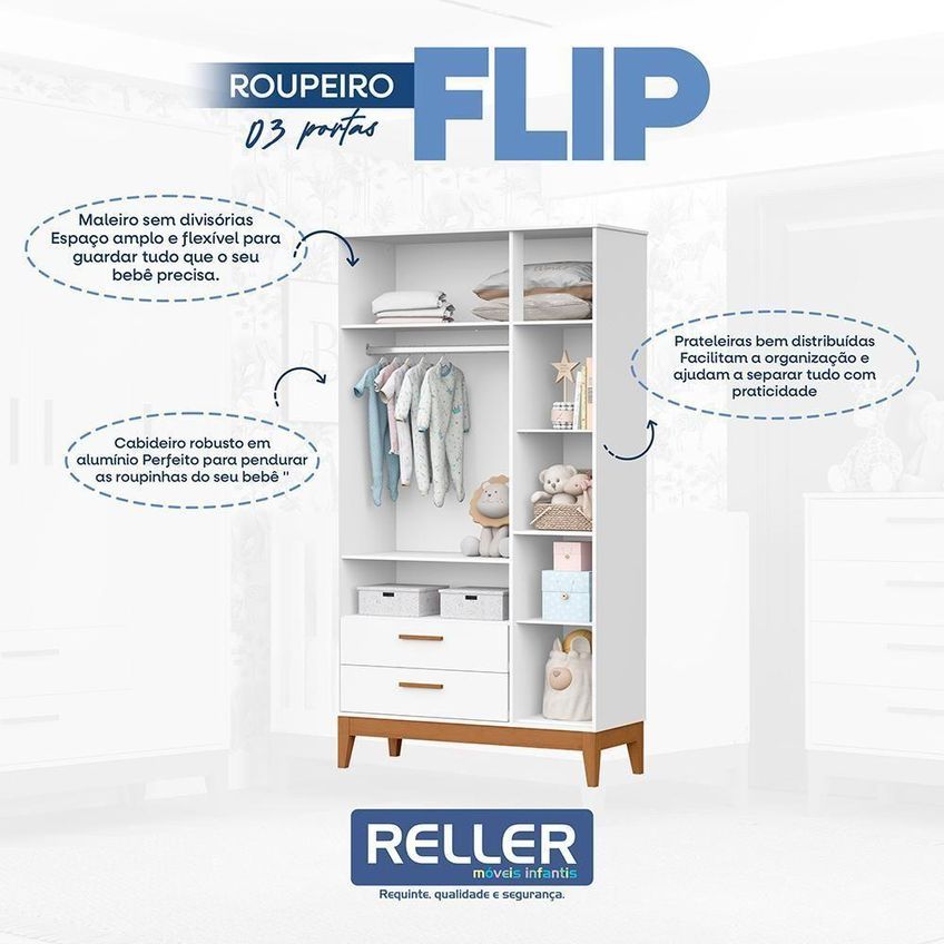Guarda Roupa Infantil Flip 3 Portas 2 Gavetas MDF Branco Fosco Reller Móveis - imagem 3