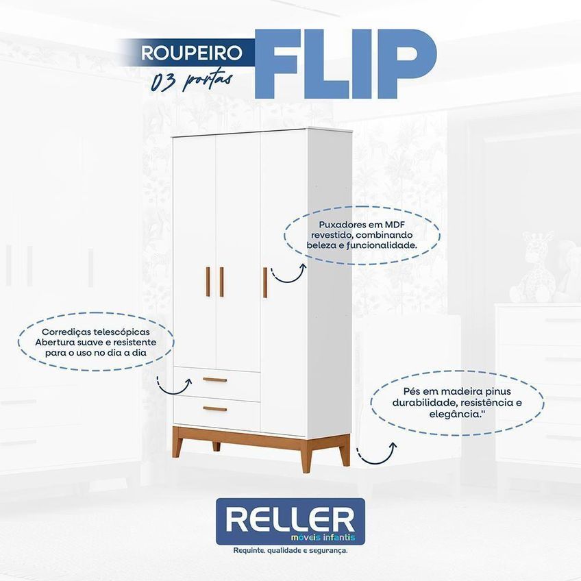 Guarda Roupa Infantil Flip 3 Portas 2 Gavetas MDF Branco Fosco Reller Móveis - imagem 4