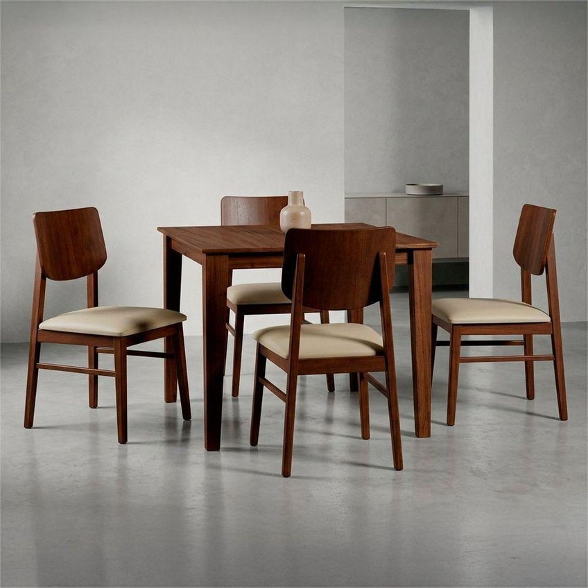 Conjunto De Mesa Com 4 Cadeiras 4 Lugares Tampo Em Madeira Encosto Em Courino Macchiato Bege 80cm - imagem 3