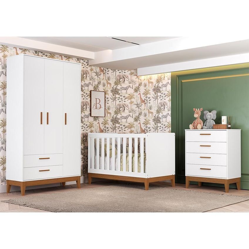 Conjunto De Quarto Flip Guarda Roupa 3 Portas Cômoda 4 Gavetas Berço Mdf Branco Fosco Reller Móveis - imagem 4