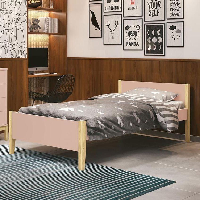 Cama Solteiro Simba Com Cabeceira Alta MDF Rosa Fosco Reller Móveis - imagem 3