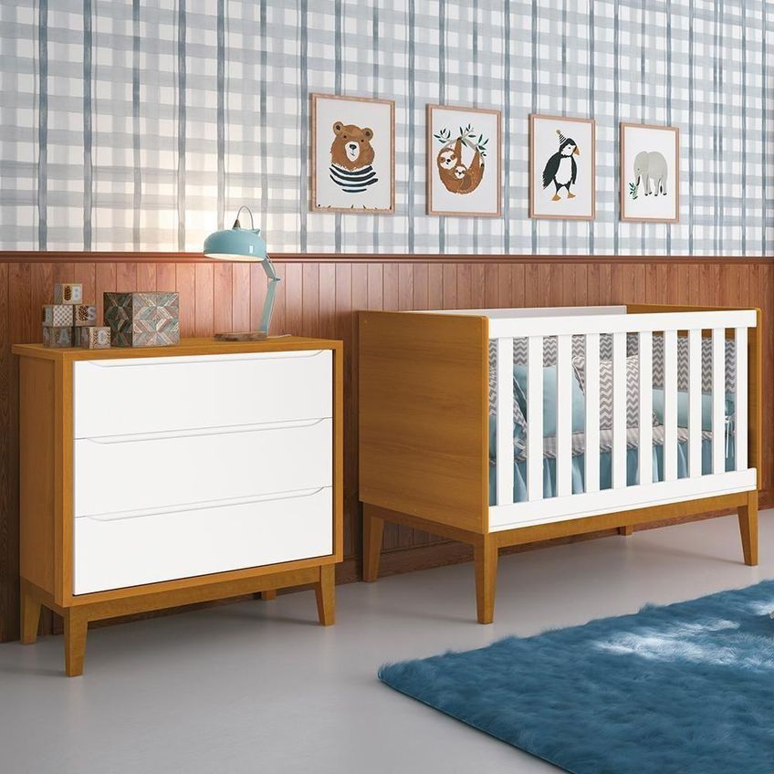 Jogo De Quarto Infantil Cômoda E Berço Classic MDF Branco-Savana Com Pés Amadeirado Reller Móveis - imagem 2