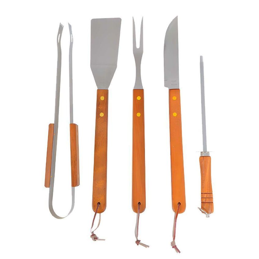 Kit Churrasco Texas Ud 1801 6 Peças Alumínio E Madeira E Couro Com Garfo E Faca E Chaira E Espátula - imagem 4
