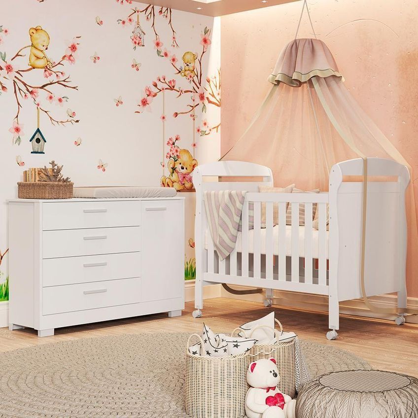 Jogo De Quarto Infantil Cômoda Zaki E Berço Mini Cama Danny 4 Gavetas Mdf Branco Fosco Reller Móveis - imagem 4