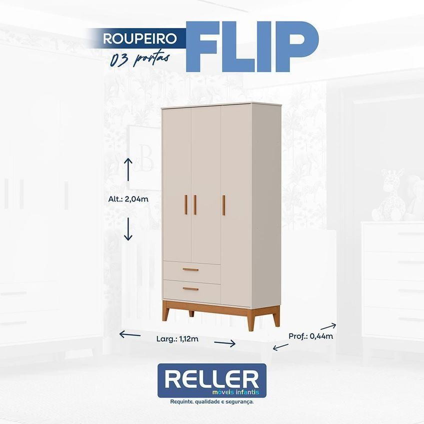 Jogo De Quarto Infantil Guarda Roupa E Berço Americano Flip Mdf Areia Fosco Reller Móveis - imagem 2