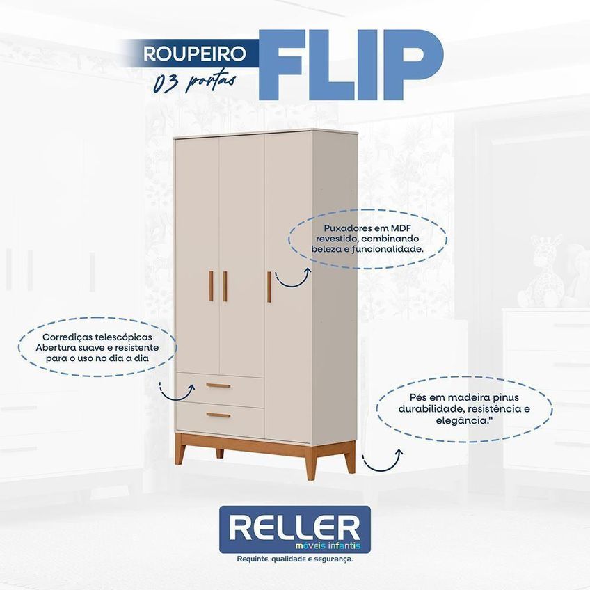 Jogo De Quarto Infantil Guarda Roupa E Berço Americano Flip Mdf Areia Fosco Reller Móveis - imagem 3
