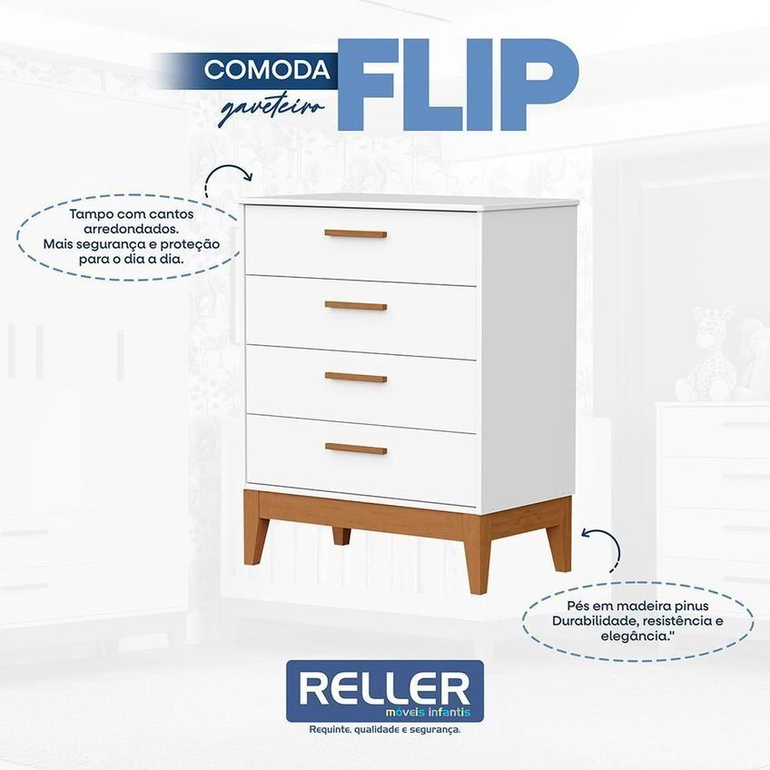 Cômoda Infantil Flip 4 Gavetas Com Corrediças Telescópicas Branco Fosco Reller Móveis - imagem 3