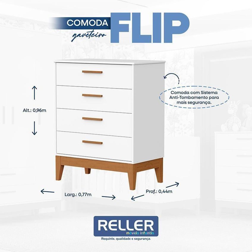 Cômoda Infantil Flip 4 Gavetas Com Corrediças Telescópicas Branco Fosco Reller Móveis - imagem 4