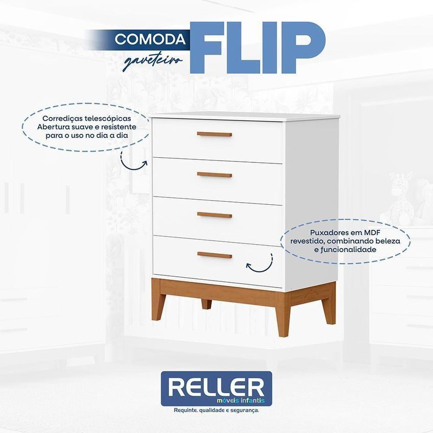 Cômoda Infantil Flip 4 Gavetas Com Corrediças Telescópicas Branco Fosco Reller Móveis - imagem 5
