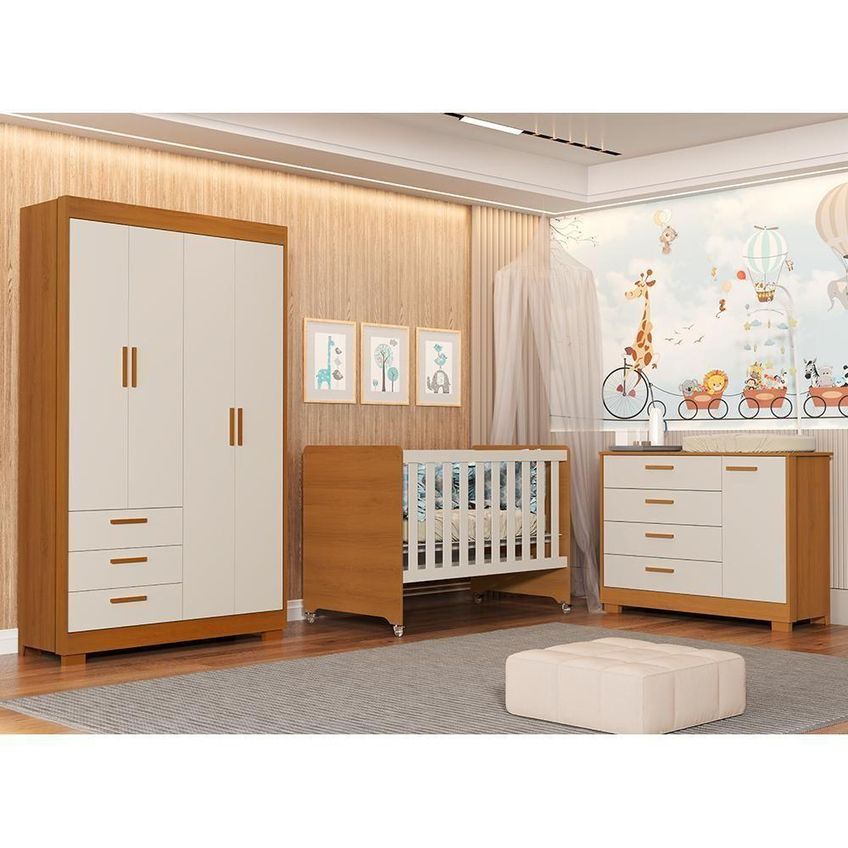 Dormitório Infantil Zaki Guarda Roupa Cômoda Berço 4 Portas 3 Gavetas MDF Areia Fosco-Savana Reller - imagem 3