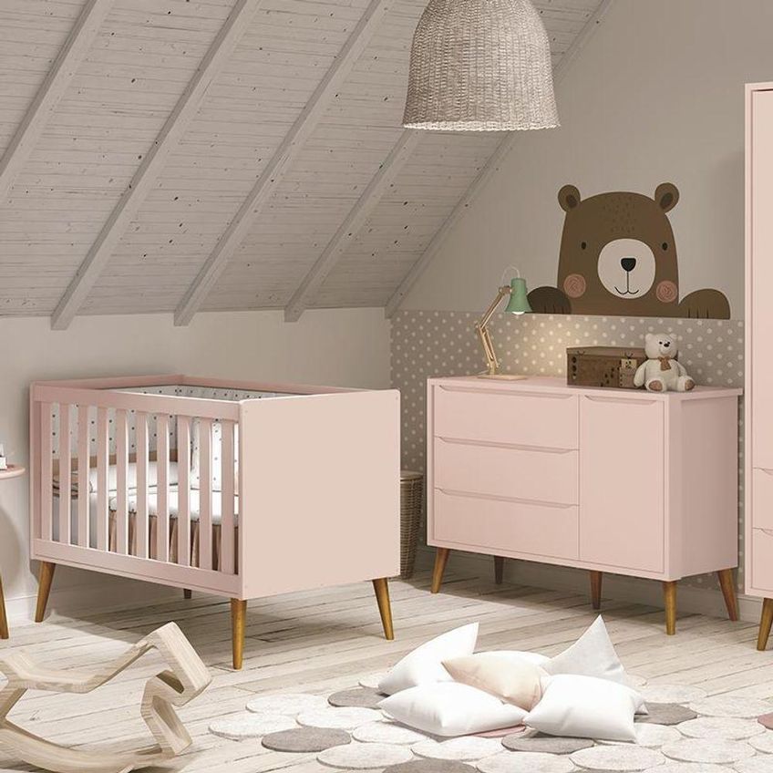 Jogo De Quarto Infantil Cômoda E Berço Theo Retrô Mdf Colchão Não Acompanha Rosa Fosco Reller Móveis - imagem 2