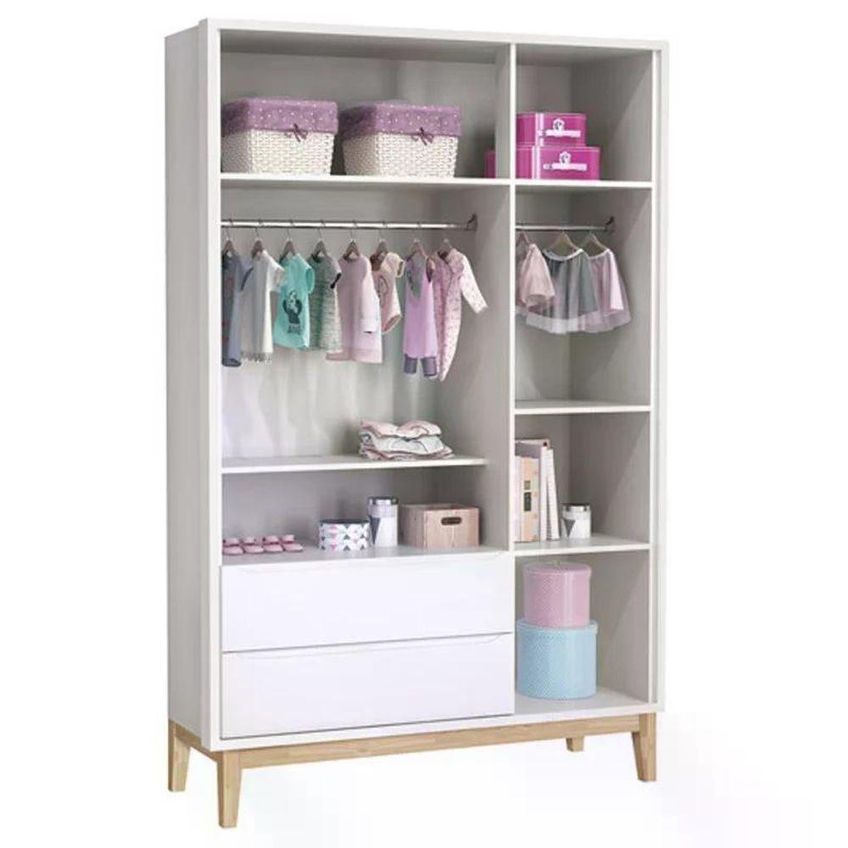 Conjunto De Quarto Guarda Roupa 3 Portas Cômoda 3 Gavetas MDF Branco Com Pés Madeira Natural Reller - imagem 3