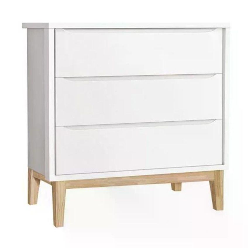 Conjunto De Quarto Guarda Roupa 3 Portas Cômoda 3 Gavetas MDF Branco Com Pés Madeira Natural Reller - imagem 5