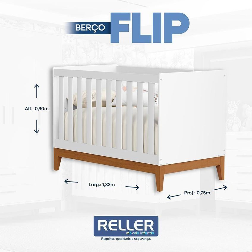 Jogo De Quarto Infantil Berço Americano E Cômoda Flip Mdf Branco Fosco Reller Móveis - imagem 4