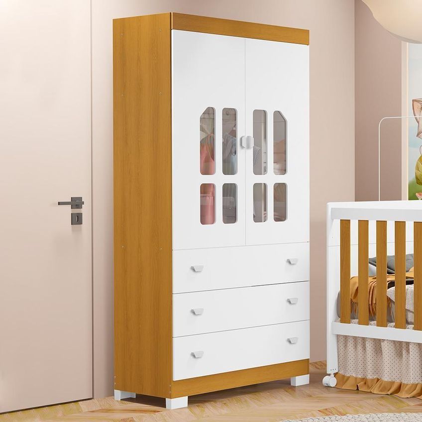 Guarda Roupa Infantil New Katatau 2 Portas De Bater 3 Gavetas MDF Branco Fosco-Savana - imagem 4