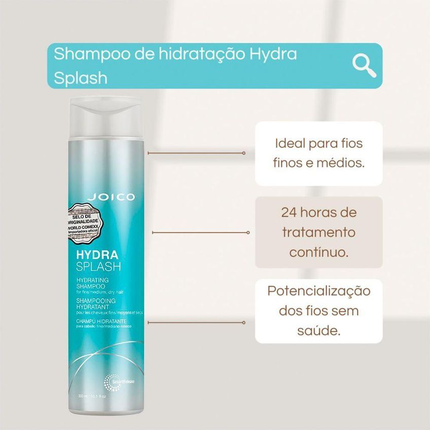 Kit De Tratamento Capilar Hydra Splash Hidratação Leve E Poderosa 300ml 150ml Joico - imagem 2
