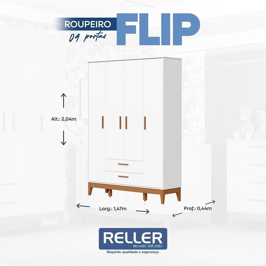 Jogo De Quarto Infantil Flip Guarda Roupa 4 Portas De Bater Cômoda 1 Porta Mdf Fosco Branco Reller - imagem 4