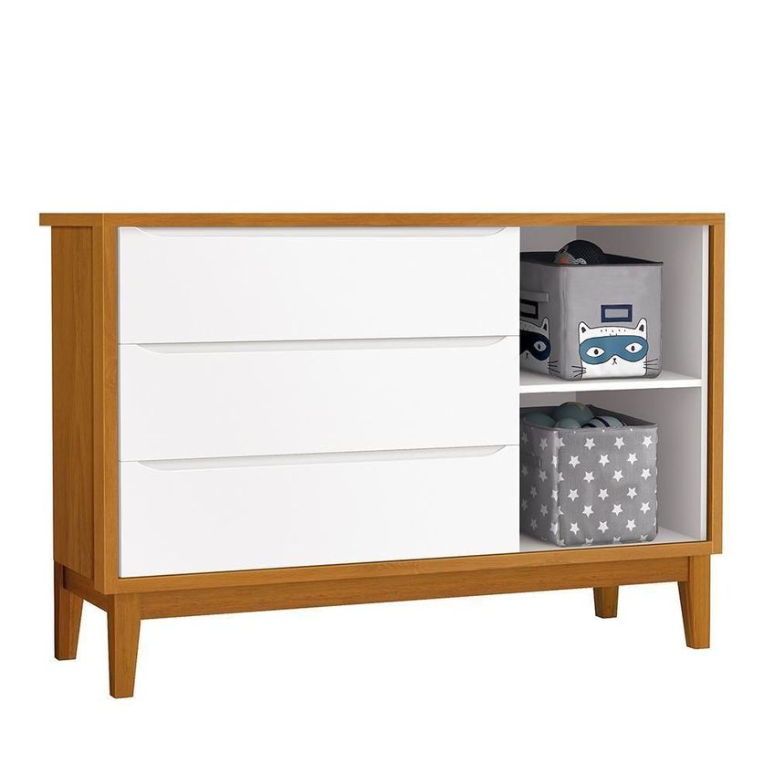 Cômoda Infantil Classic 3 Gavetas MDF Puxador Embutido Branco E Savana Reller Móveis - imagem 4