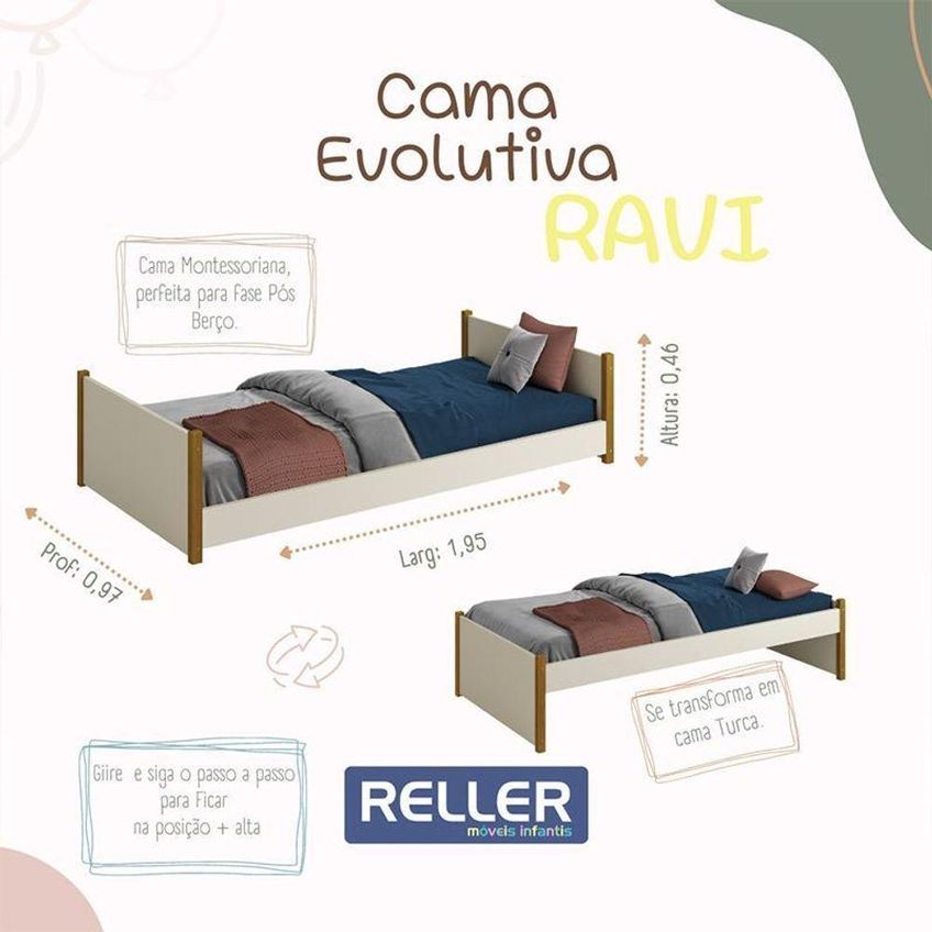 Cama Evolutiva Ravi Com Pés Amadeirado MDF Colchão D33 Reller Móveis - imagem 3