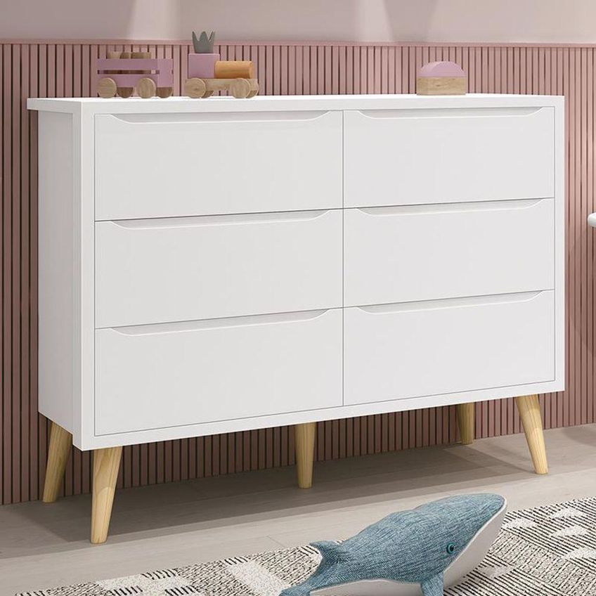 Cômoda Infantil Theo 6 Gavetas MDF Puxador Embutido Branco Fosco Com Pés Madeira Natural Reller - imagem 2