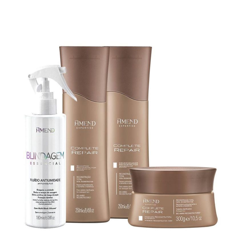 Kit De Tratamento Capilar Complete Repair Shampoo Condicionador Máscara E Fluído Antiumidade Amend - imagem 3