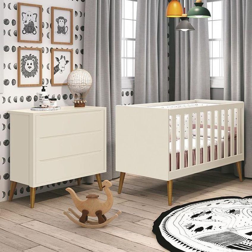 Jogo De Quarto Infantil Cômoda E Berço Americano Theo Retrô Mdf Areia Fosco Com Pés Amadeirado - imagem 4