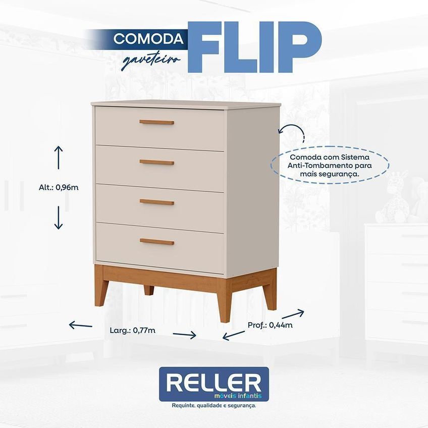 Jogo De Quarto Infantil Flip Guarda Roupa 3 Portas E Cômoda 4 Gavetas Mdf Bege Fosco Reller Móveis - imagem 2