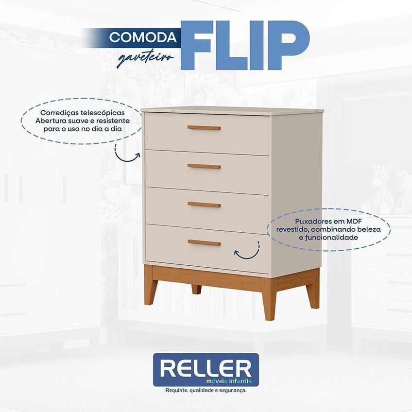 Jogo De Quarto Infantil Flip Guarda Roupa 3 Portas E Cômoda 4 Gavetas Mdf Bege Fosco Reller Móveis - imagem 3