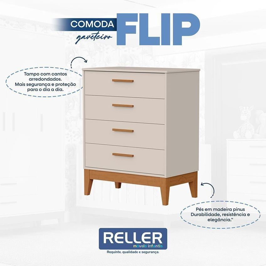 Jogo De Quarto Infantil Flip Guarda Roupa 3 Portas E Cômoda 4 Gavetas Mdf Bege Fosco Reller Móveis - imagem 5