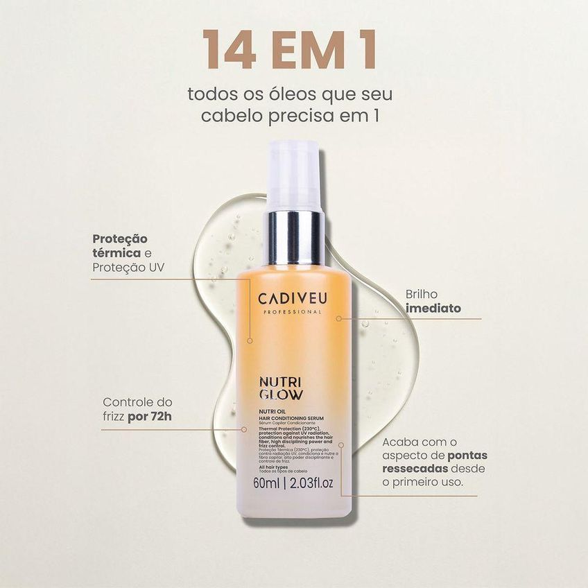 Kit De Tratamento Capilar Nutri Glow Nutrição E Brilho Com 12 Óleos Vegetais 200ml E 60ml Cadiveu - imagem 3