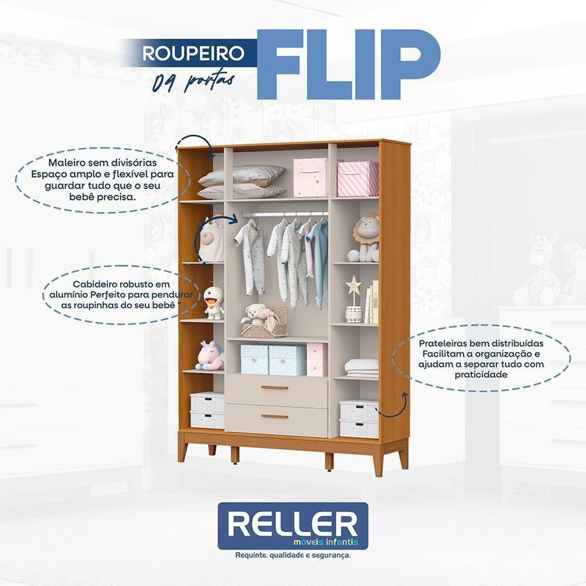 Guarda Roupa Infantil Flip 4 Portas De Bater 2 Gavetas MDF Areia Fosco Savana Reller Móveis - imagem 3