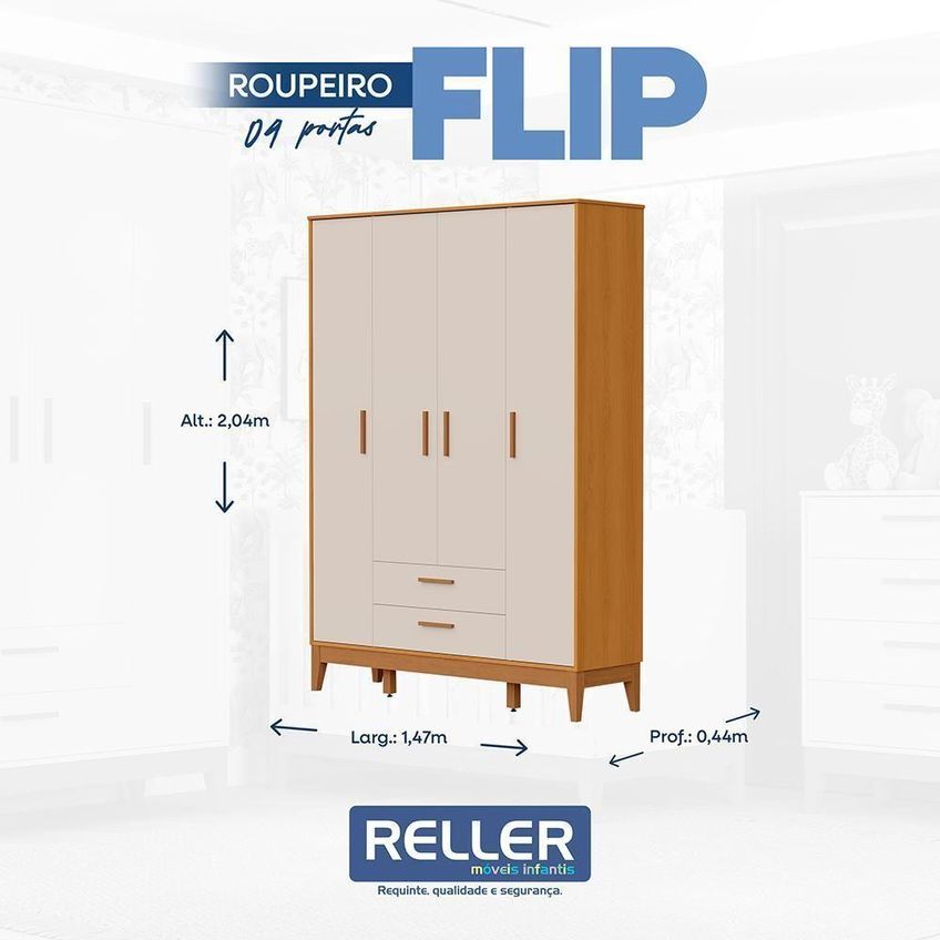 Guarda Roupa Infantil Flip 4 Portas De Bater 2 Gavetas MDF Areia Fosco Savana Reller Móveis - imagem 4