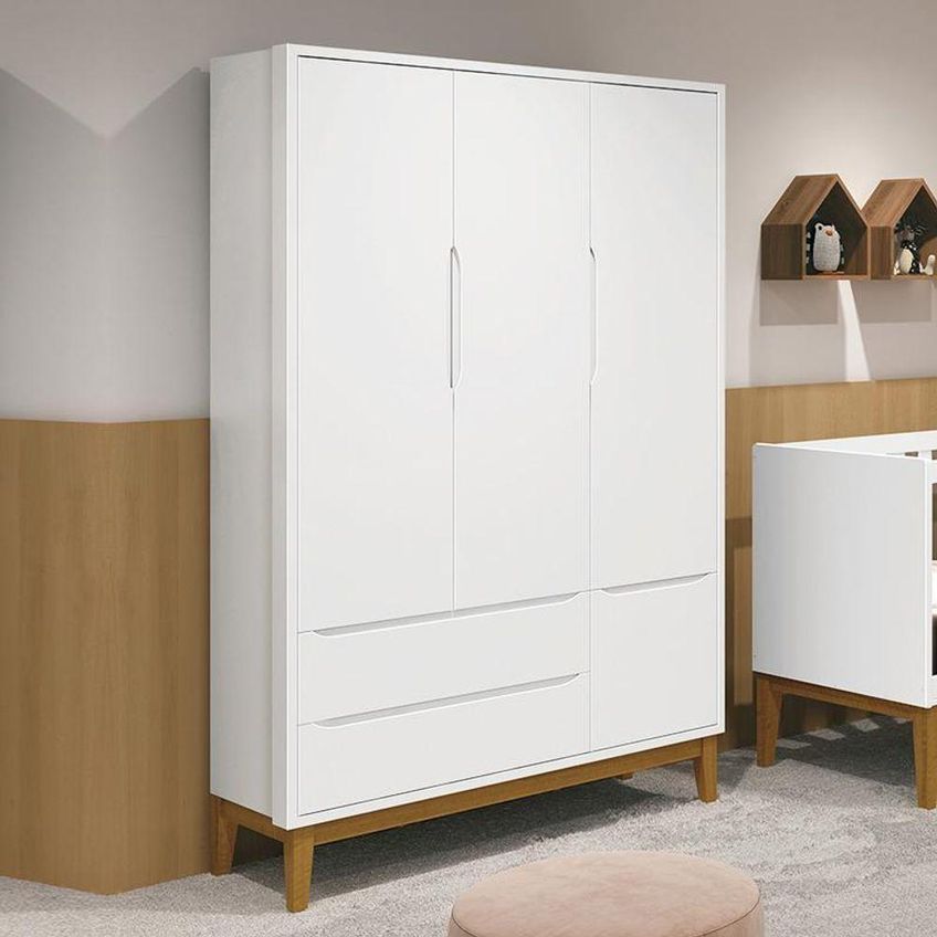 Guarda Roupa Infantil Classic 3 Portas De Bater 2 Gavetas MDF Branco Fosco Reller Móveis 133cm - imagem 4