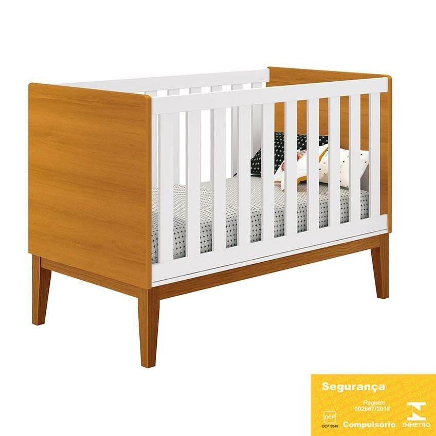Jogo De Quarto Infantil Cômoda 6 Gavetas E Berço Americano Mdf Branco Com Pés Amadeirado Reller - imagem 5