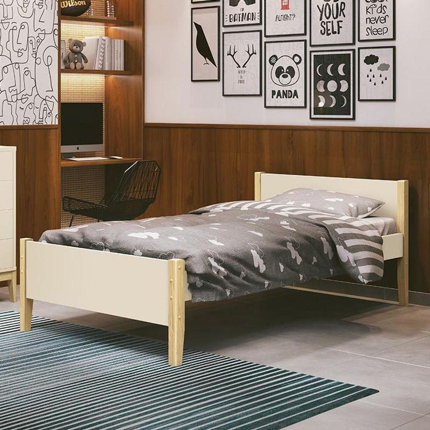 Cama Solteiro Simba Com Colchão Pés Madeira MDF Fosco Areia Reller Móveis - imagem 4