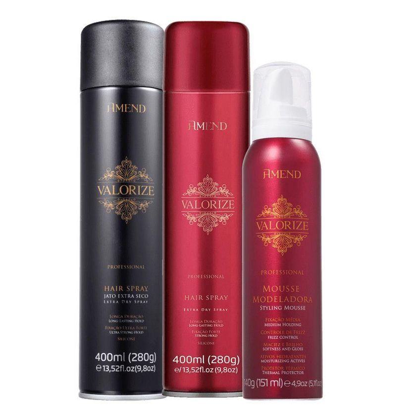 Kit De Produtos Para Cabelo Valorize Mousse E Spray Fixador Ultra Forte E Forte 140g 400ml Amend - imagem 3