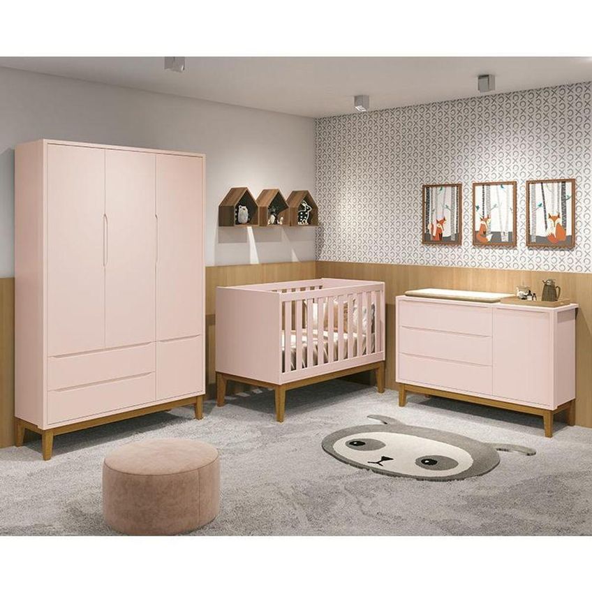 Conjunto De Quarto Classic Com Guarda Roupa 3 Portas 2 Gavetas E Cômoda 1 Porta E Berço Mdf Rosa - imagem 3