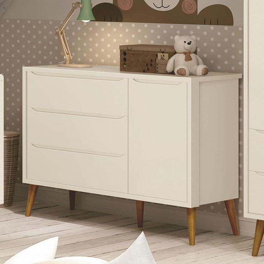 Cômoda Infantil Theo Retrô 3 Gavetas MDF Puxador Embutido Areia Fosco Reller Móveis - imagem 4