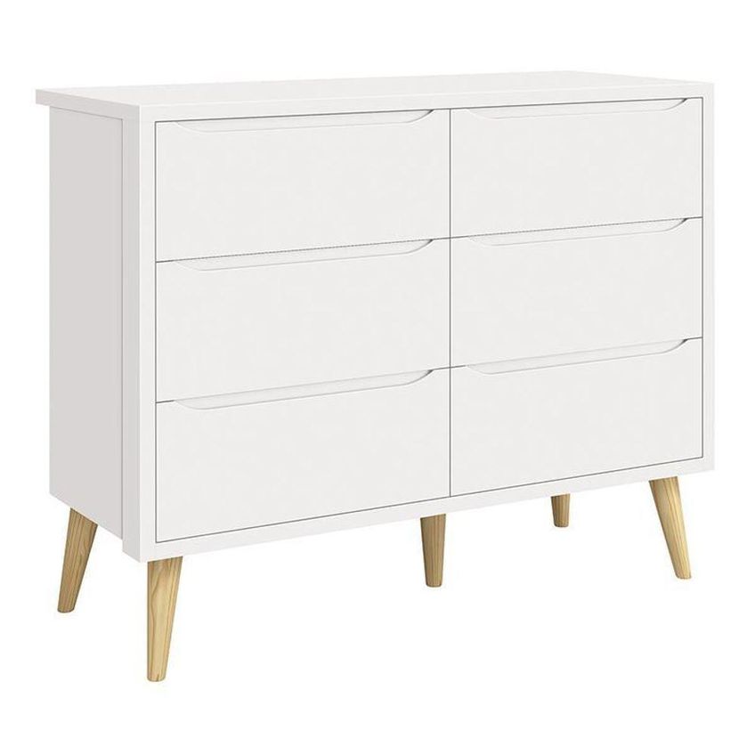 Jogo De Quarto Infantil Cômoda 6 Gavetas E Berço Americano Mdf Branco Fosco Com Pés Madeira Natural - imagem 4