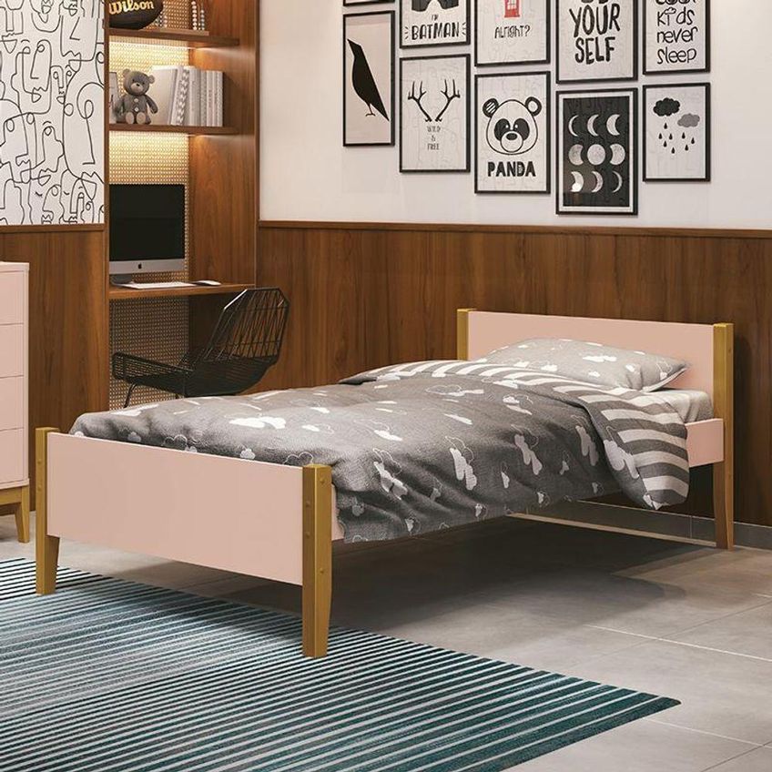 Cama Solteiro Simba Com Colchão D33 Pés Amadeirado MDF Rosa Reller Móveis - imagem 4