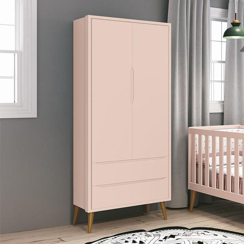 Guarda Roupa Infantil Theo 2 Portas De Bater 2 Gavetas MDF Rosa Fosco Reller Móveis - imagem 4