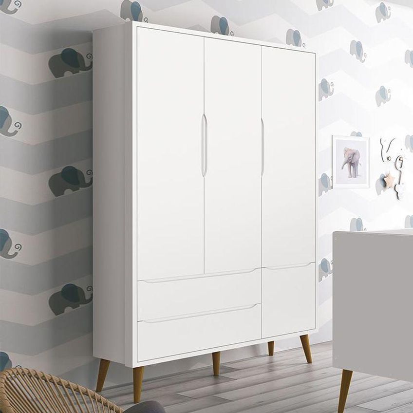 Guarda Roupa Infantil Theo 3 Portas De Bater 2 Gavetas MDF Com Pés Amadeirado Branco Reller Móveis - imagem 3