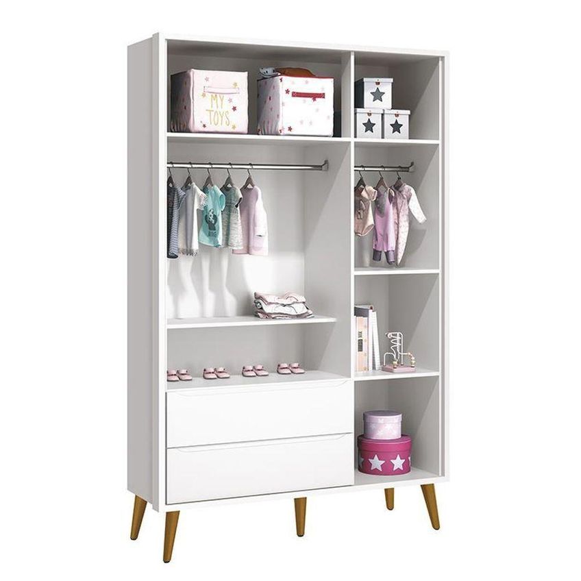 Guarda Roupa Infantil Theo 3 Portas De Bater 2 Gavetas MDF Com Pés Amadeirado Branco Reller Móveis - imagem 4