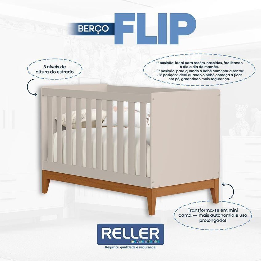 Dormitório Infantil Flip Guarda Roupa Cômoda E Berço MDF Areia Fosco Reller Móveis - imagem 3
