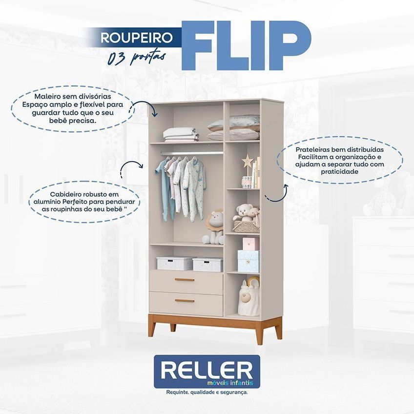 Dormitório Infantil Flip Guarda Roupa Cômoda E Berço MDF Areia Fosco Reller Móveis - imagem 5