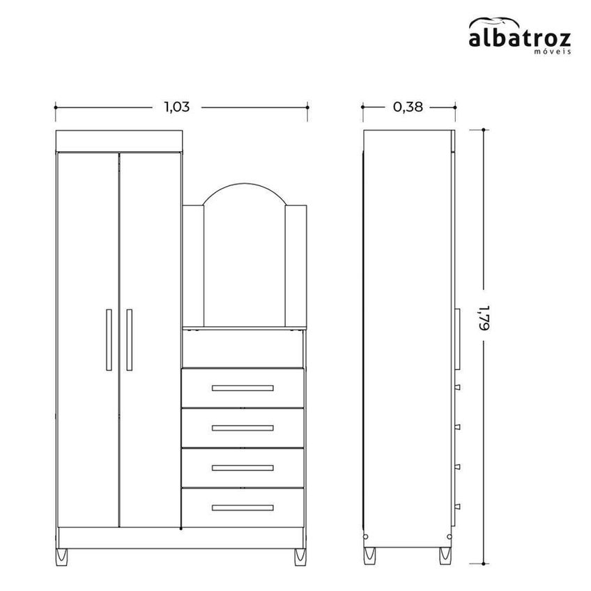 Cômoda New Capri 2 Portas E 4 Gavetas Com Espelho Freijó-titanium 103cm Albatroz Móveis - imagem 4