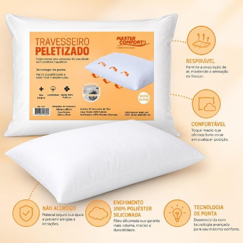 Travesseiro Ergonômico Alto Tradicional Fibra Peletizado Macio Antialérgico Branco Master - imagem 3