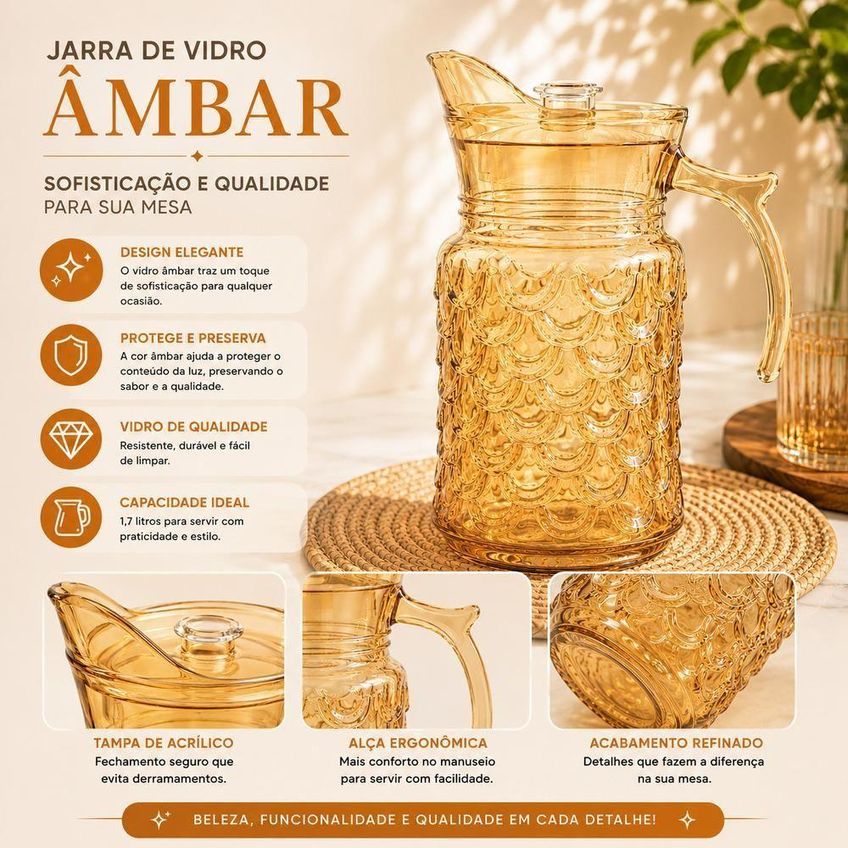 Jarra Para Bebidas Riviera Vidro Âmbar 1,7l Com Tampa Marrom - imagem 4