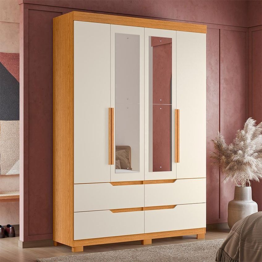 Guarda Roupa Solteiro Doble 4 Portas De Bater 4 Gavetas Mdp Cinamomo-off White Albatroz Móveis - imagem 3